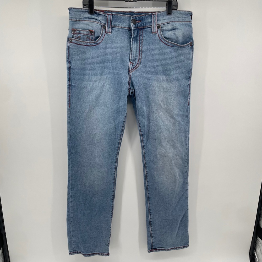 True Religion Ricky Jeans Mens 36 Blue Relaxed Straight Contrast Red Stitching